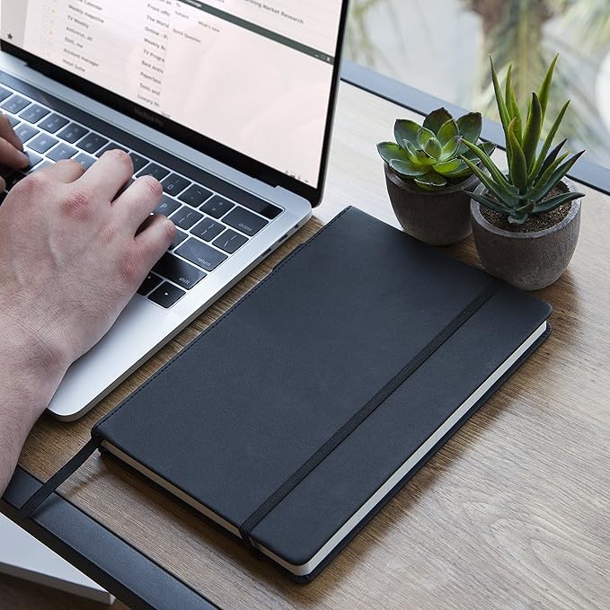 HUSTLE Co. Thick Hardcover Journal Notebook - Ruled/Lined A5 (5x8 inch), Deluxe 120gsm Paper, Lays Flat for Writing, Professional Notebooks for Work, Business, Office, Executive - Men & Women - Black