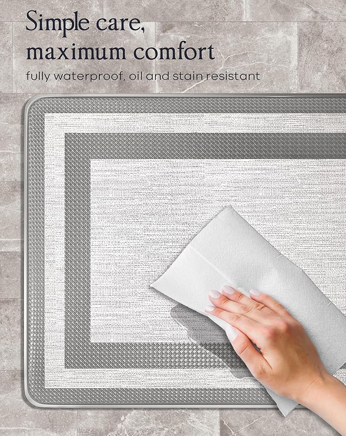 Anti-Fatigue Kitchen Mat Set – 2-Piece Memory Foam Cushioned Mats for Standing – Fabric Grey, 18×30 & 18×60, 0.4 in Thick, Waterproof, Non-Slip – Homergy