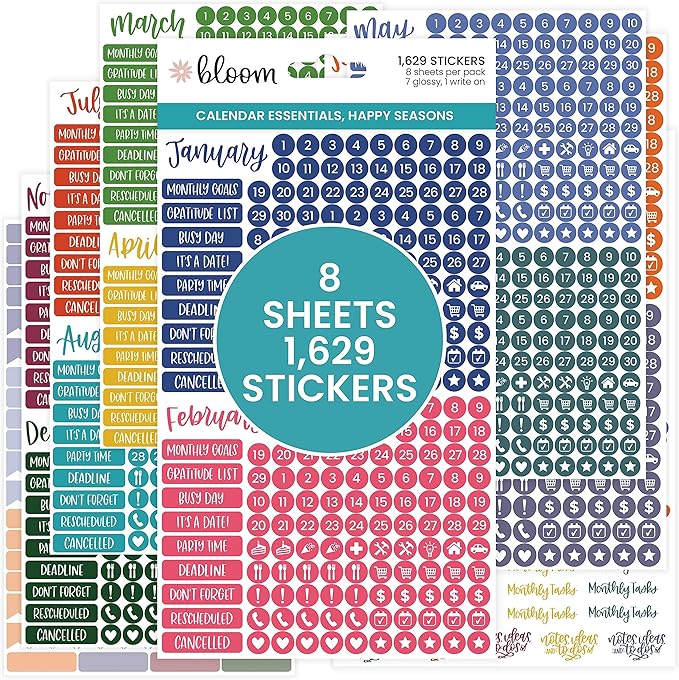 bloom daily planners Bright & Colorful Calendar Essentials Planner Stickers - 8 Sheets, 1629 Stickers Per Pack! - Color Coordinating Monthly Headings, Dates, Icons, Etc. - Happy Seasons