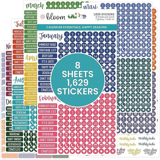 bloom daily planners Bright & Colorful Calendar Essentials Planner Stickers - 8 Sheets, 1629 Stickers Per Pack! - Color Coordinating Monthly Headings, Dates, Icons, Etc. - Happy Seasons
