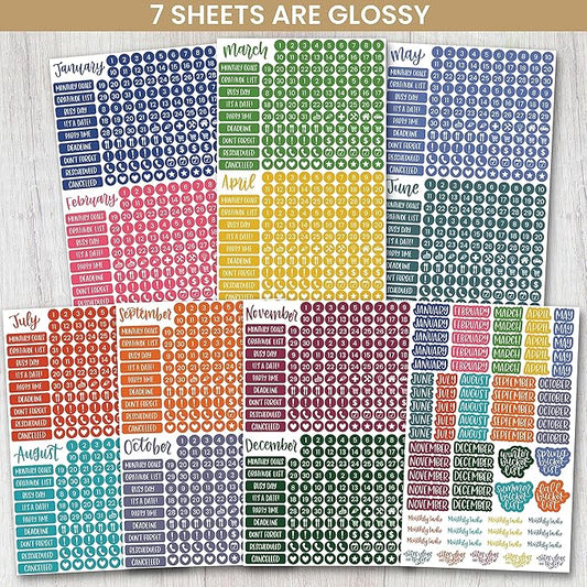 bloom daily planners Bright & Colorful Calendar Essentials Planner Stickers - 8 Sheets, 1629 Stickers Per Pack! - Color Coordinating Monthly Headings, Dates, Icons, Etc. - Happy Seasons