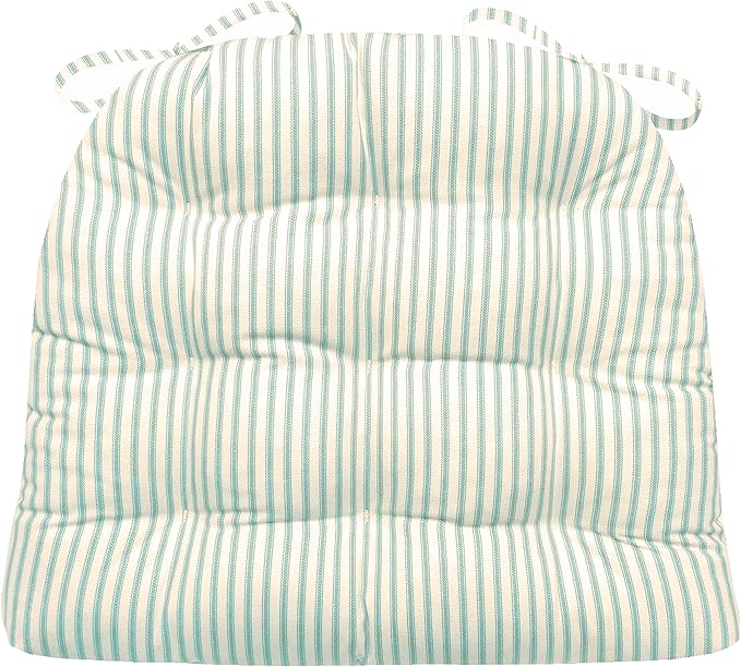 Barnett Home Decor Ticking Stripe Aqua Dining Chair Pad with Ties - Medium Size 18 Chair Cushion - Latex Foam Fill - Machine Washable, Reversible, 100% Cotton, Made in USA (Turquoise)