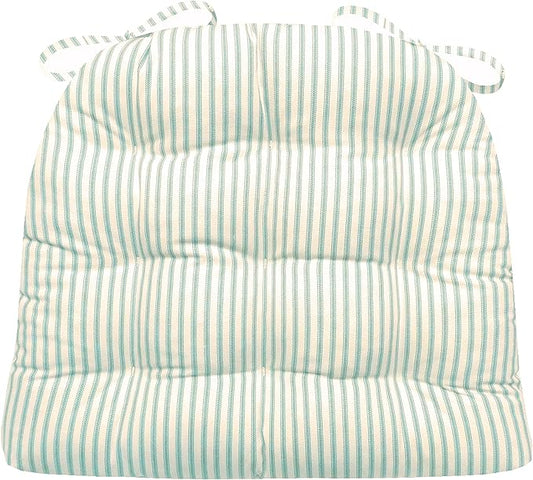 Barnett Home Decor Ticking Stripe Aqua Dining Chair Pad with Ties - Medium Size 18 Chair Cushion - Latex Foam Fill - Machine Washable, Reversible, 100% Cotton, Made in USA (Turquoise)