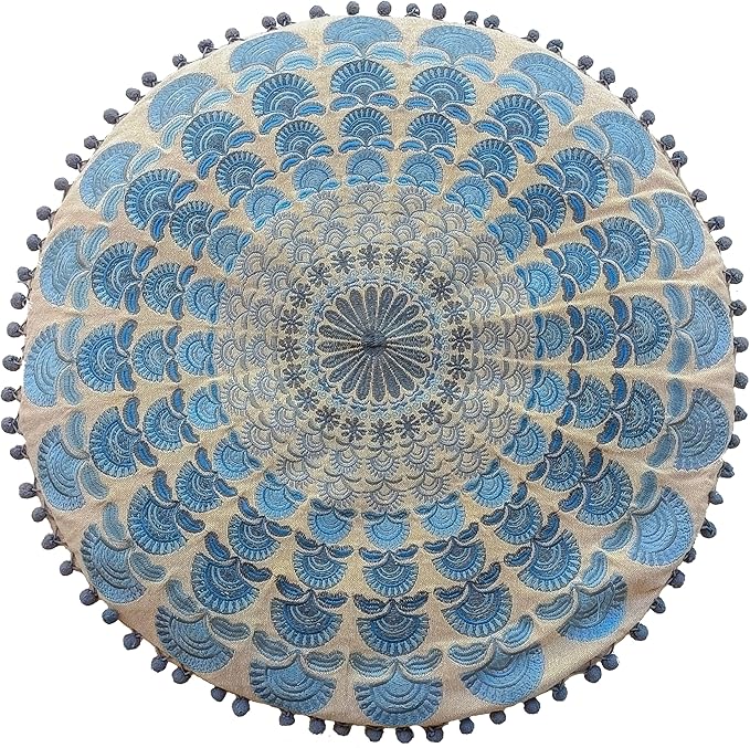 Large Round Floor Pillow Cover Blue Indian Décorative Accent Meditation Cushion Perfect for Living Room, Bedroom, Nursary or Children Room Seating Area Stool Footstool Pouf Ottoman 24x8 Unstuffed