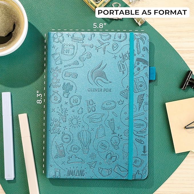 Clever Fox Dotted Journal 2.0 – Compact Planning and Sketching Dot Grid Notebook 120 GSM Thick, No-Bleed Paper – Planner with Pen Loop, Pocket, Ribbons, Stickers A5 - Aquamarine