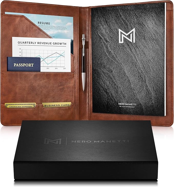 Leather Portfolio Folder - Business PU Leather Notepad Holder for Resumes, Legal Pad Executive Binder, Professional Padfolio Notebook for Women/Men (Brown)