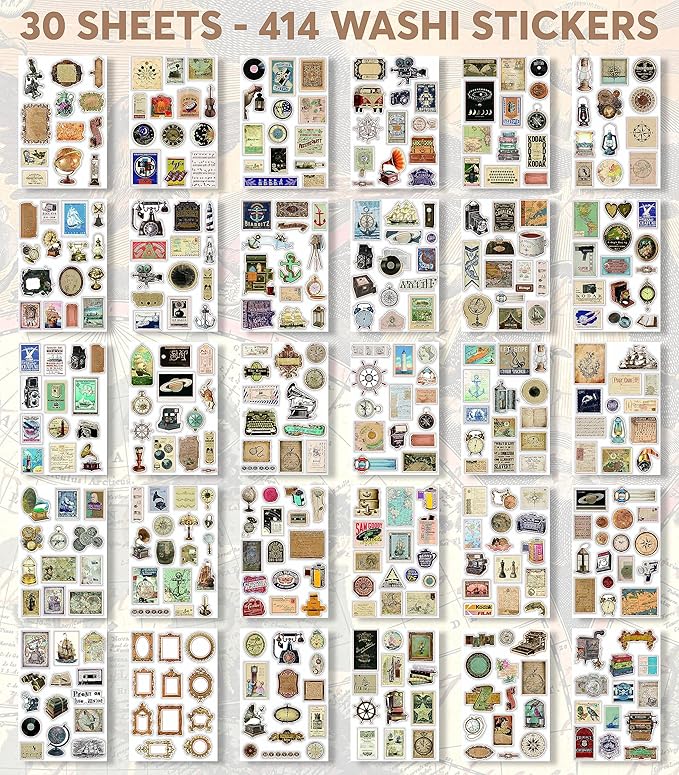 411 Vintage Washi Stickers & 20 Scrapbook Papers Ephemera for Junk Journals & Scrapbooking