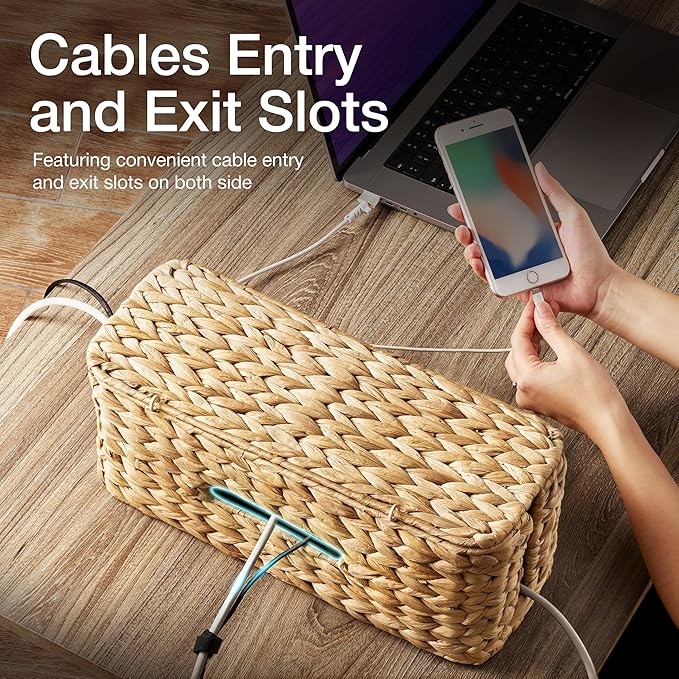 Wicker Cable Management Box with Lid - 15 inch Cable Organizer Box and Power Strip Box for Electrical Cord Management - Desk Cord Hider and Floor Cable Management for Office (Natural Color, 1)