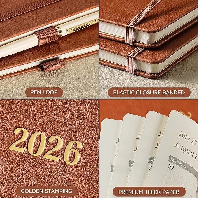 2026 Planner - 2026 Planner Weekly and Monthly, Jan.2026 - Dec.2026, 9" x 11", Weekly Monthly Planner 2026, Calendar Planner with Pen Holder + Elastic Closure + Leather Hardcover +Bookmarks - Brown