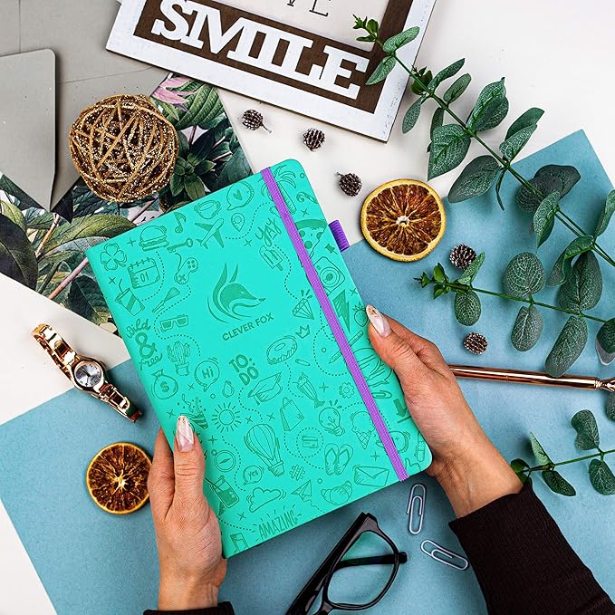 Clever Fox Dotted Journal 2.0 – Compact Planning and Sketching Dot Grid Notebook 120 GSM Thick, No-Bleed Paper – Planner with Pen Loop, Pocket, Ribbons, Stickers A5 - Light Turquoise