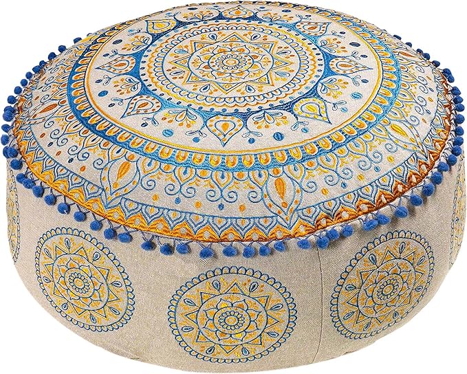 Boho Floor Pillow Cover Round Moroccan Large Pouf Ottoman Room Décor Cushion for Meditation Yoga and Boho Chic Bohemian Furniture Perfect for Living Room, Bedroom, Nursary or Children Room Unstuffed