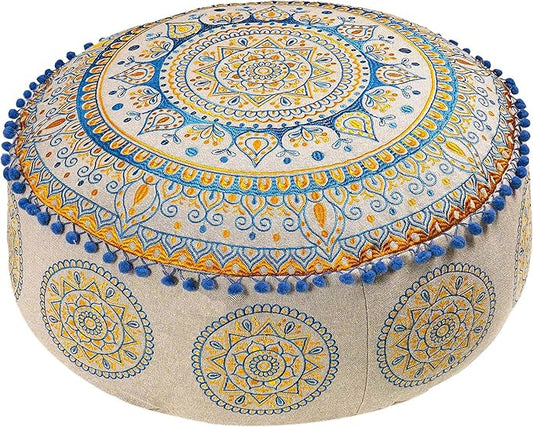 Boho Floor Pillow Cover Round Moroccan Large Pouf Ottoman Room Décor Cushion for Meditation Yoga and Boho Chic Bohemian Furniture Perfect for Living Room, Bedroom, Nursary or Children Room Unstuffed