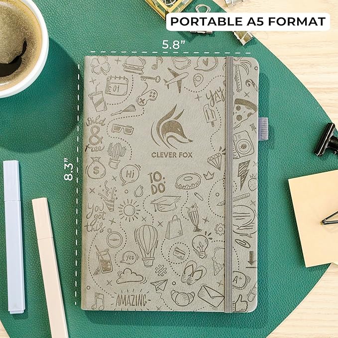 Clever Fox Dotted Journal 2.0 – Compact Planning and Sketching Dot Grid Notebook 120 GSM Thick, No-Bleed Paper – Planner with Pen Loop, Pocket, Ribbons, Stickers A5 - Gray