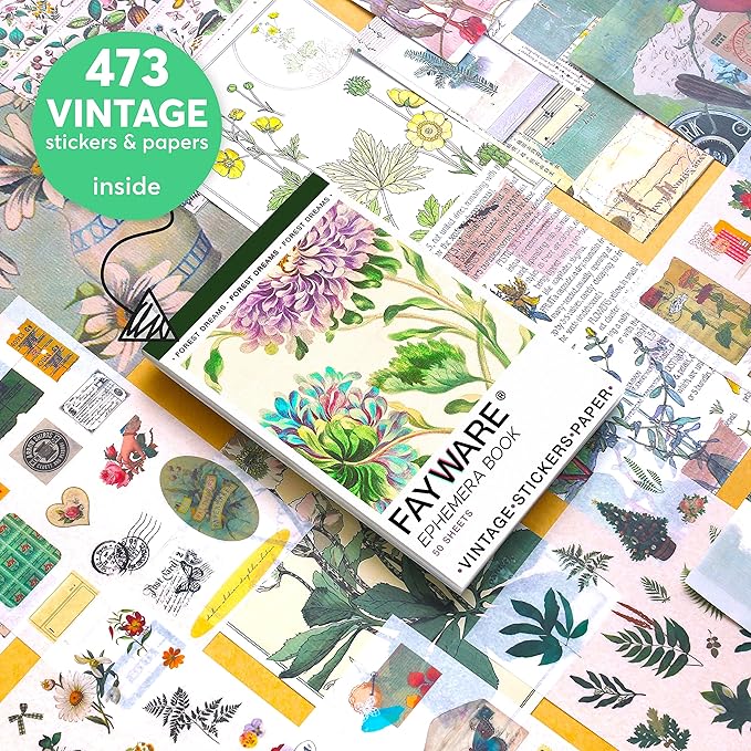 Washi Vintage Stickers for Scrapbooking - Ephemera Book for Journaling with 453 Stickers and 20 Scrapbook Papers. Ephemera for Junk Journals, Journaling Supplies