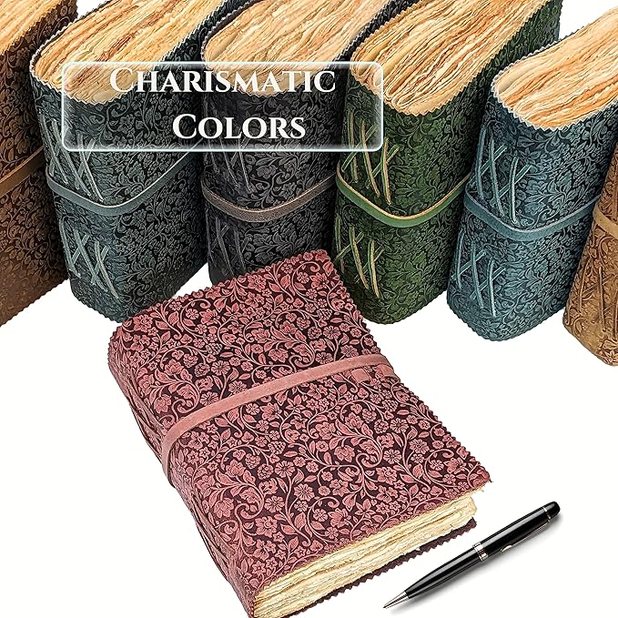 LEATHER VILLAGE Leather Bound Floral Embossed Journal for Women Men - 200 Pages, 8”X6”(A5), Turquoise - Book of Shadows, Vintage Blank Paper Travel Diary, Notebook for Writing, Drawing, Sketchbook
