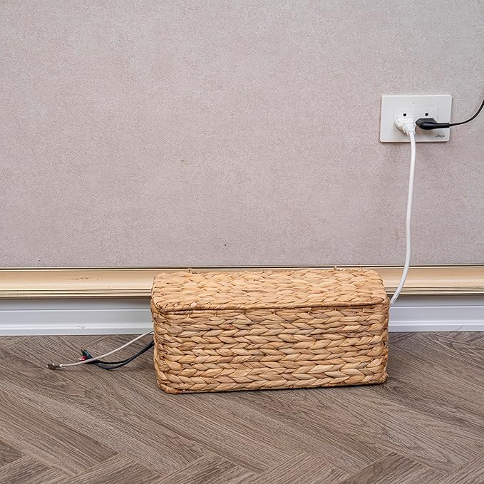 PEMAR Natural Wicker Cable Management Box, Cable Organizer, 2 Open Slots, Under Desk Cord Organizer, Cover & Hide Power Strips & Cords for TV Desk, Computer, Router, USB Hub (Natural Water Hyacinth)