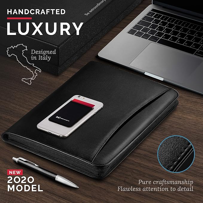 NERO MANETTI- Zippered Vegan Leather Padfolio/Portfolio Pad Holder-Business PU Leather Notepad Folder for Resumes, Interviews, iPad/Tablet, Phone, Legal Pad Notebook Executive Binder for Women, Men