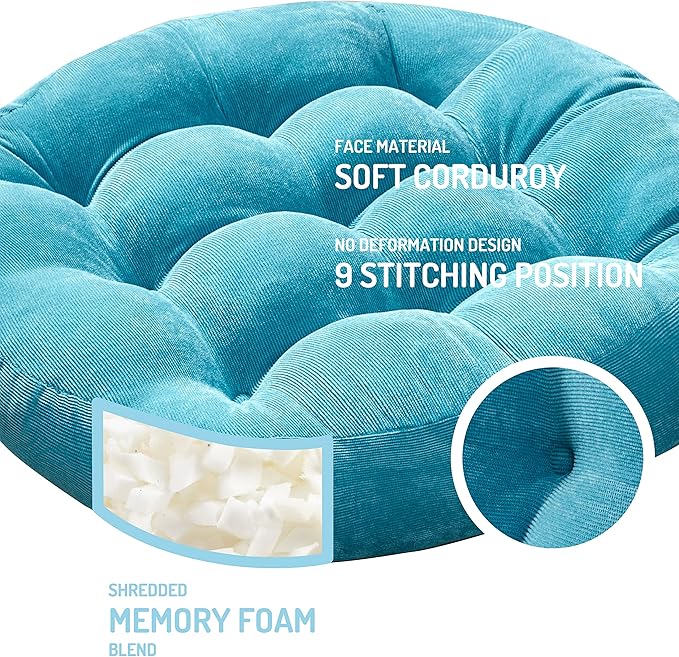 Degrees of Comfort Meditation Floor Pillow, Round Large Pillows Seating for Adults, Tufted Corduroy Thick Cushion for Living Room Tatami, Turquoise, 22 Inch Single