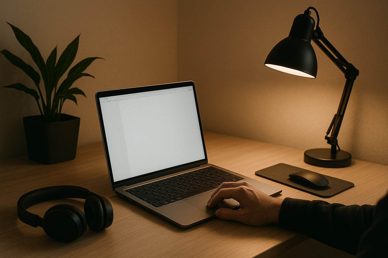 Minimalist deep work desk setup with laptop, warm desk lamp, headphones, and modern workspace for focus and productivity