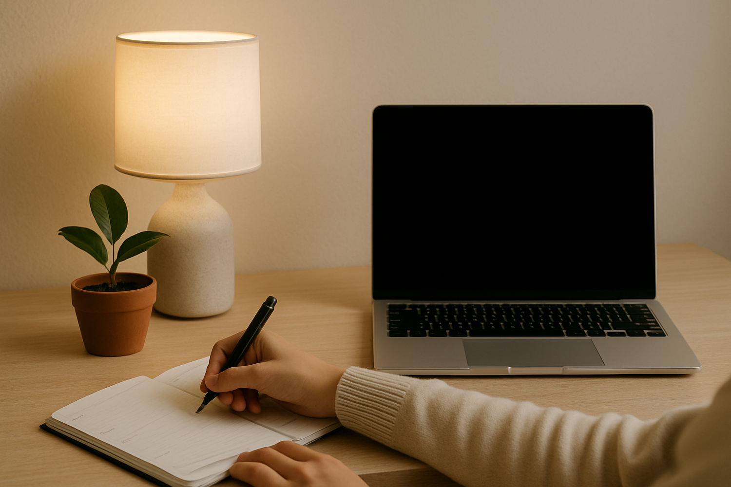 Minimal workspace with lamp, laptop, plant, and planner creating a calm and focused atmosphere
