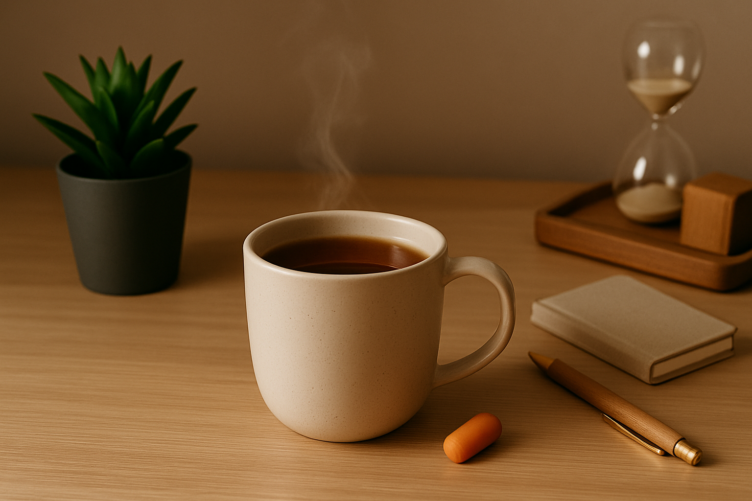 Warm herbal tea with coffee mug and relaxing desk items creating a cozy break time atmosphere for focus and energy recharge