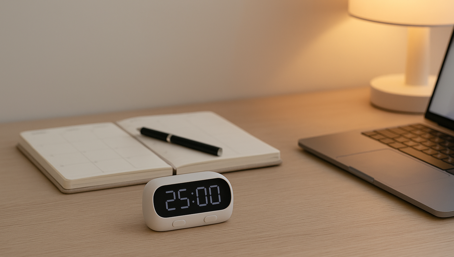 Minimalist workspace with timer, planner, and laptop for focus and productivity