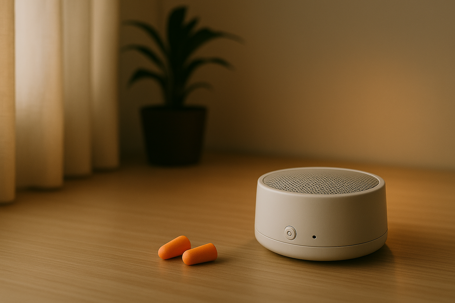 Modern white noise machine with orange earplugs on a minimalist wooden desk creating a calm distraction-free workspace