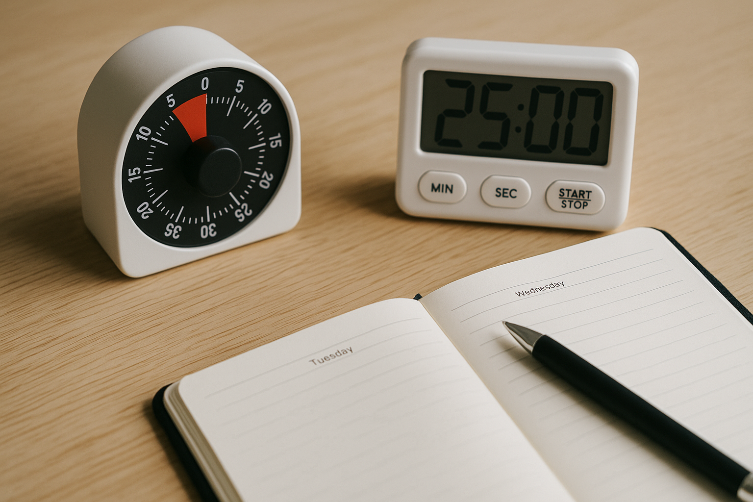 Pomodoro method desk setup with analog timer, digital timer, planner, and pen for productivity and time management